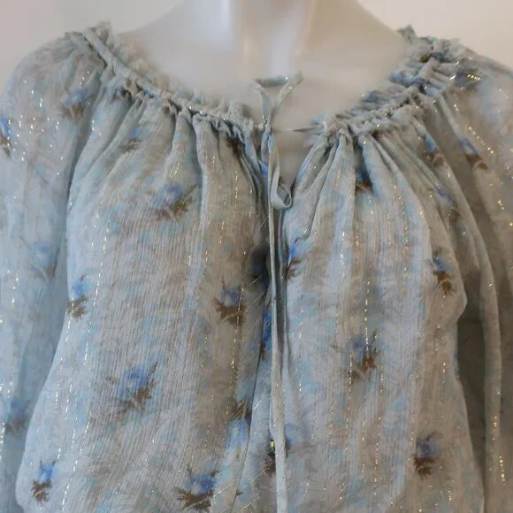 Womens LoveShackFancy Pale Blue Metallic Gold Silk Floral Mini Popover Dress XS - Picture 5 of 15